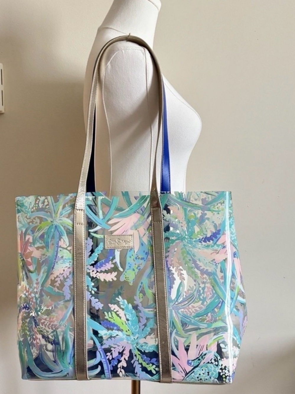 Lilly Pulitzer Breezy Tote Bag Clear Colorful Tropical Print Pink Blue Beach PVC